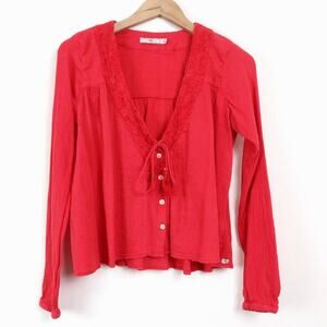 OBEY Propaganda Size S Oversize Button Up Blouse Tie Front Coral Red